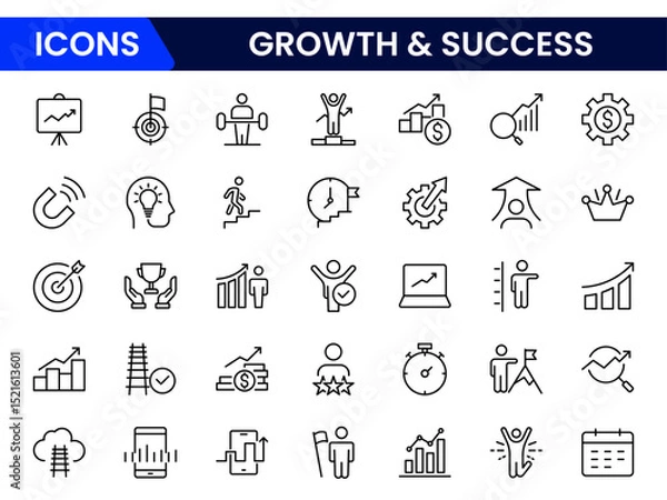 Fototapeta Bold vector web line icons depicting growth, success, achievement, progress, innovation, and thriving business development milestones.