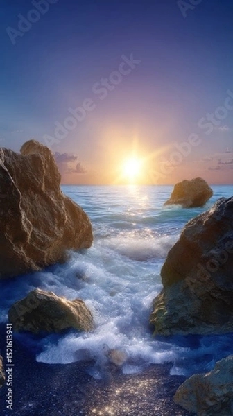 Obraz Dramatic sunrise over the ocean waves crashing against rocky shore creating beautiful waterscape