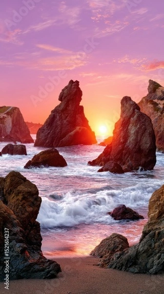 Obraz Dramatic sunset glows over majestic coastal rock formations and crashing waves on the shoreline