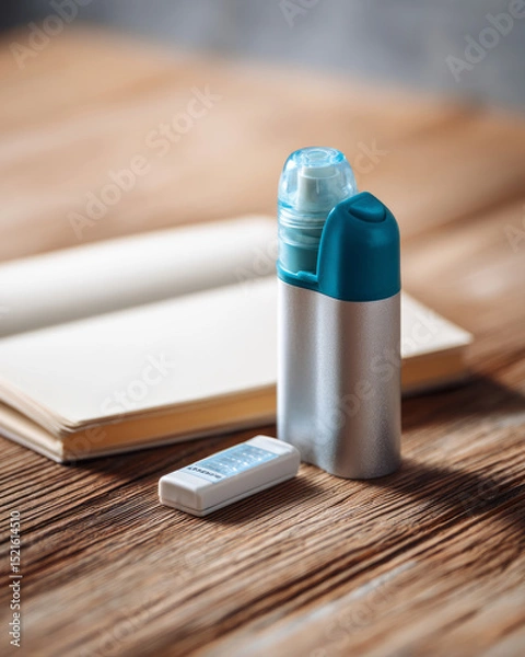 Obraz Multi-dose inhaler and digital medication counter placed on a wooden table beside an open patient journal in soft daylight, symbolizing personal respiratory care — ai generative.