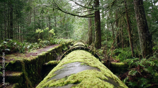 Obraz Moss-covered industrial pipeline extends into a dense, green forest, symbolizing nature reclaiming human-made structures under soft, overcast light — ai generative.