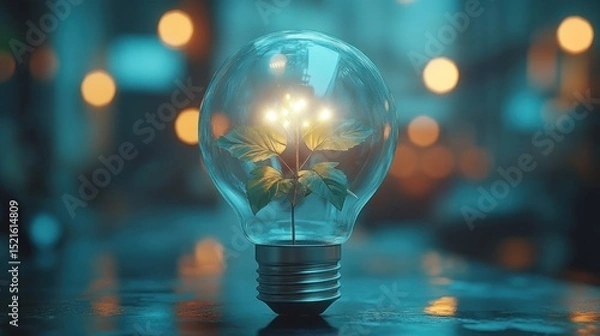 Fototapeta Glowing plant in a lightbulb; urban bokeh