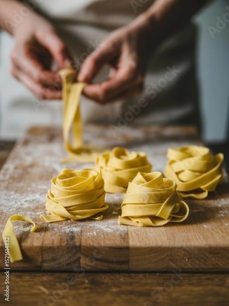 Fototapeta Handcrafted pasta rolls on a wooden surface, showcasing the art of culinary creation in a cozy kitchen setting
