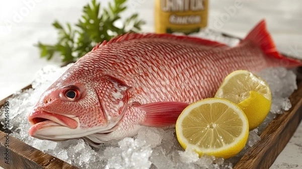 Fototapeta Fresh red fish on ice with lemon