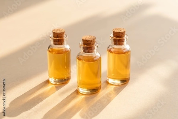 Fototapeta Elegant glass vials with luminous golden liquid create a warm ambiance in a minimalist setting