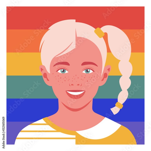 Fototapeta Portrait of happy boy and girl. Avatar of smiling non-binary children. Gender socialization. LGBTQIA. Vector flat illustration