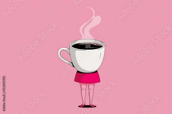Fototapeta Coffee cup character stands playfully against a pink background evoking warmth and creativity in a whimsical design