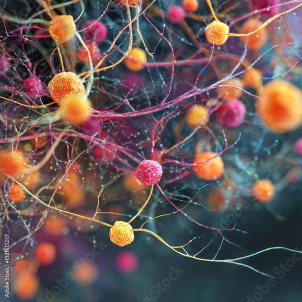 Obraz Colorful nanobot structures navigating a complex capillary network with neural-like branching, representing microscopic biotech and medical innovation — ai generative.