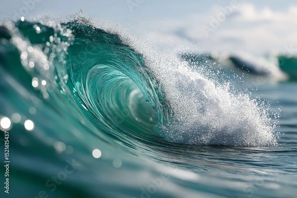 Fototapeta Majestic ocean wave curls with vibrant emerald hues, capturing the raw power of nature in golden sunlight