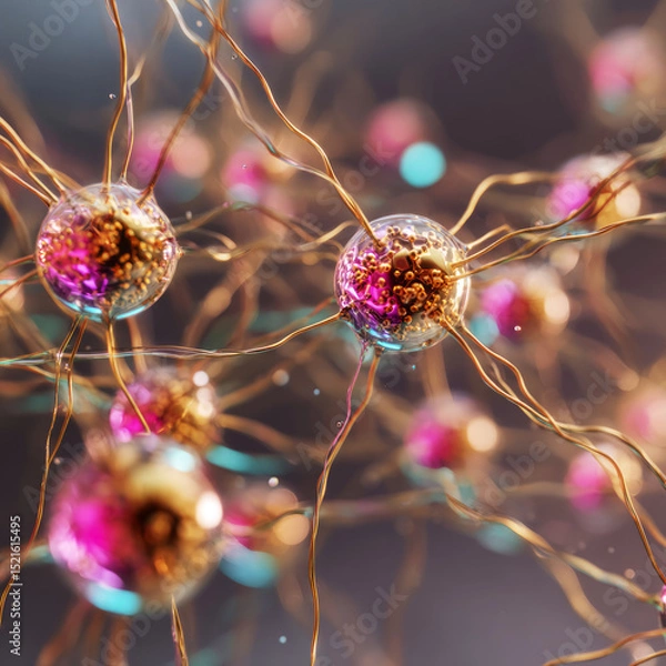 Obraz Glass-like nanobots with golden filaments form a neural web within a capillary network, symbolizing advanced biotechnology and microscopic robotics — ai generative.
