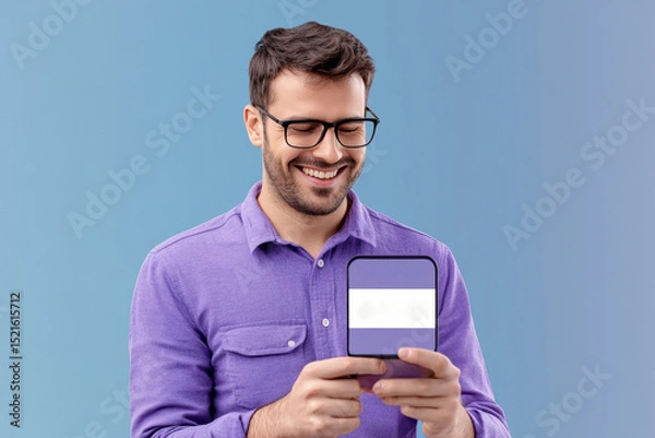 Fototapeta Smiling man enjoying a five-star review on his phone in a light blue background