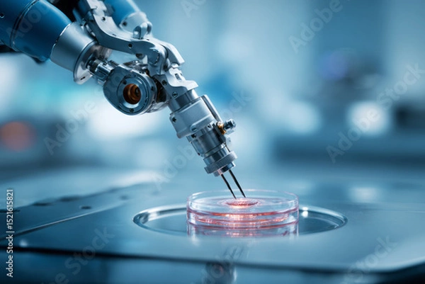 Obraz Precision robotic arm with dual micro-needles working on a synthetic cornea in a petri dish under sterile lab lighting, futuristic biotech research — ai generative.