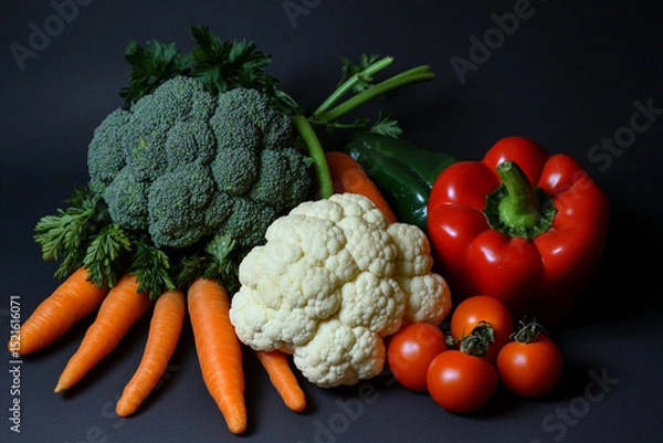 Obraz Fresh organic vegetables arrangement: peppers, carrots, tomatoes, broccoli and cauliflower on dark background