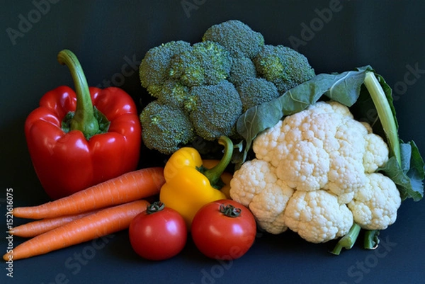Obraz Fresh organic vegetables arrangement: peppers, carrots, tomatoes, broccoli and cauliflower on dark background