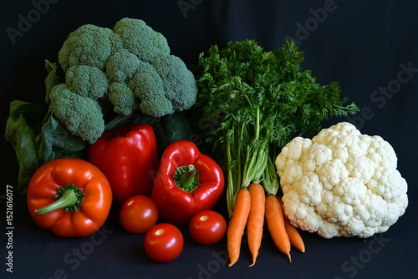 Obraz Fresh organic vegetables arrangement: peppers, carrots, tomatoes, broccoli and cauliflower on dark background