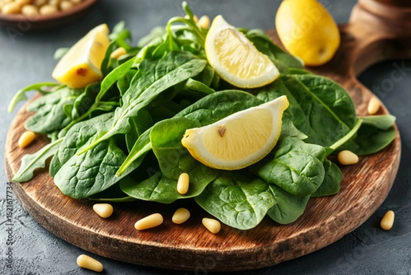 Obraz Green spinach and arugula leaves on a wooden board, garnished with lemon wedges and pine nuts