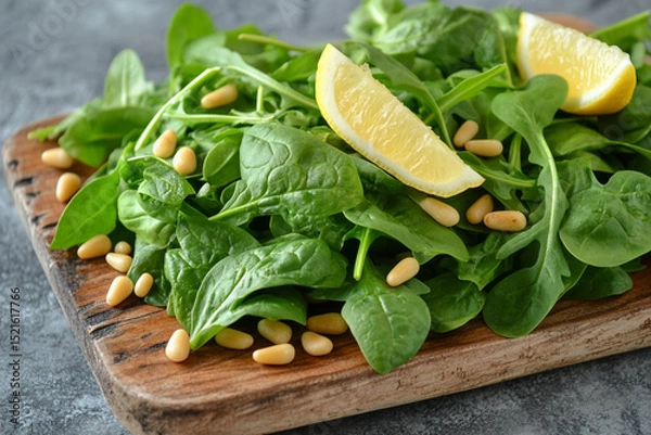 Obraz Green spinach and arugula leaves on a wooden board, garnished with lemon wedges and pine nuts