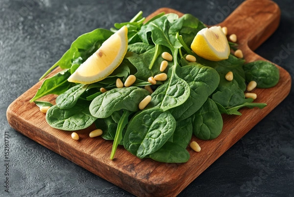 Obraz Green spinach and arugula leaves on a wooden board, garnished with lemon wedges and pine nuts