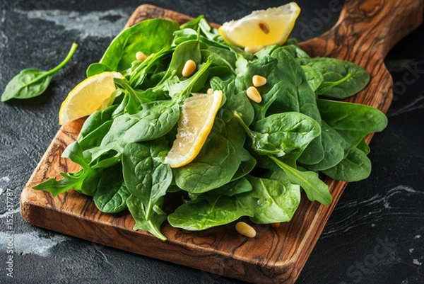Obraz Green spinach and arugula leaves on a wooden board, garnished with lemon wedges and pine nuts