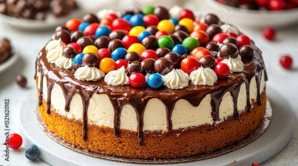Fototapeta Colorful candy-covered cake with chocolate drizzle