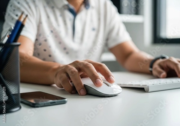 Fototapeta Man Hands Using Computer Mouse On Desk Close Up Office Work Click Scroll Technology Business Concept Photo