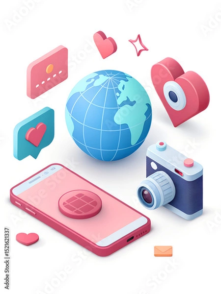 Fototapeta Social media icons, a globe, a smartphone, and a camera in a 3d illustration