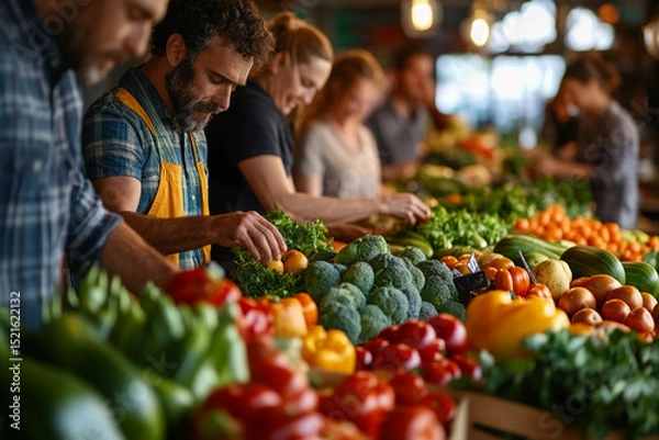 Obraz Market with local farmers selling fresh vegetables and fruits, customers sampling and choosing products