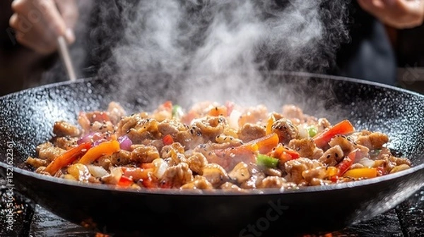 Fototapeta Stir-fried chicken and vegetables in wok