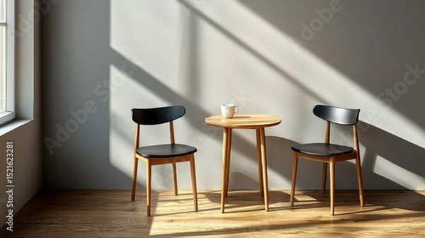 Fototapeta Minimalist wooden table and chairs in a sunlit room