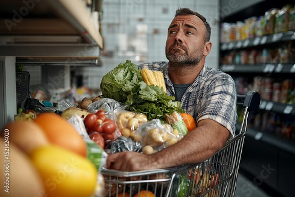 Obraz Man with a trolley full of groceries looking tired after a long shopping trip