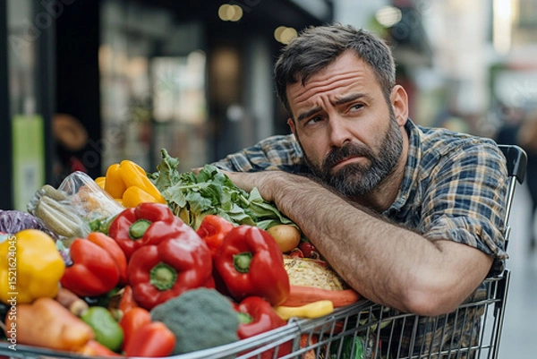 Obraz Man with a trolley full of groceries looking tired after a long shopping trip