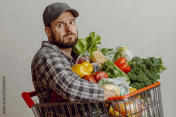 Obraz Man with a trolley full of groceries looking tired after a long shopping trip