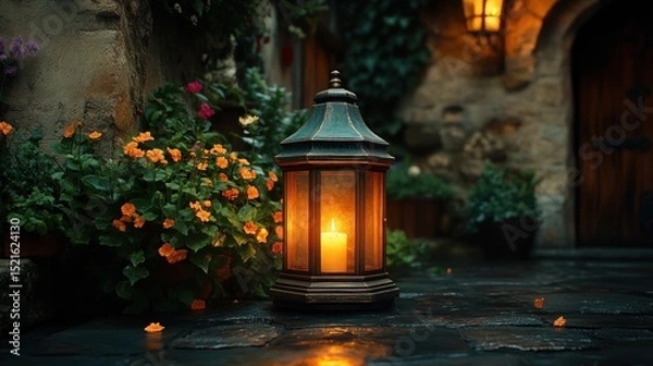 Fototapeta Old-world lantern, warm glow, cobblestone, flowers