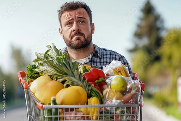 Obraz Man with a trolley full of groceries looking tired after a long shopping trip