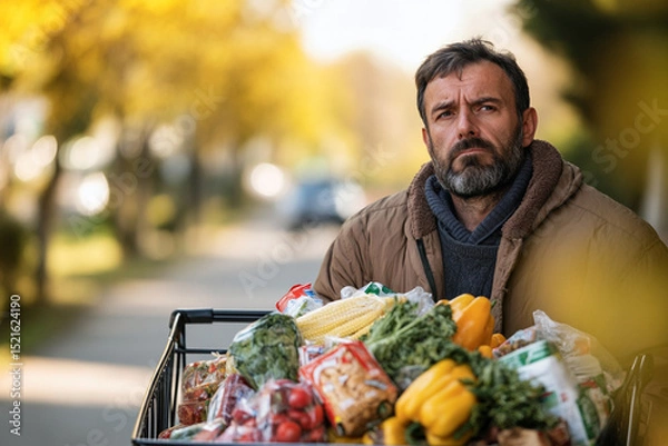 Obraz Man with a trolley full of groceries looking tired after a long shopping trip