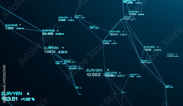 Fototapeta Currency AI trading system, big data, stock exchange, US dollar, Euro, Swiss francs, Swedish kronas. Finance,  artificial intelligence, automated trading, digtial, system. 3D illustration