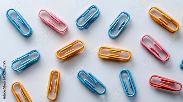 Fototapeta Colorful paperclips scattered on a light gray background