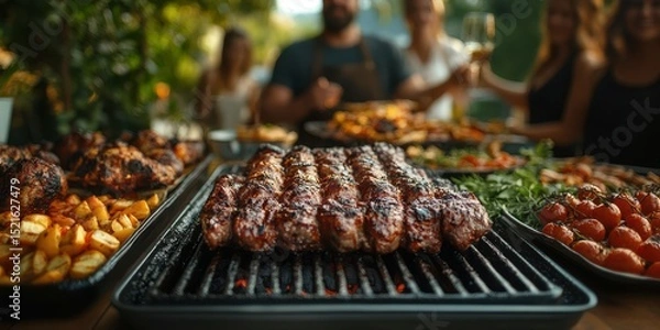 Fototapeta Gathering of friends enjoying a barbecue at dusk with grilled meat and side dishes in a lush garden setting