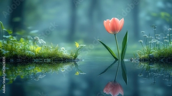 Fototapeta Peach tulip in misty forest pond