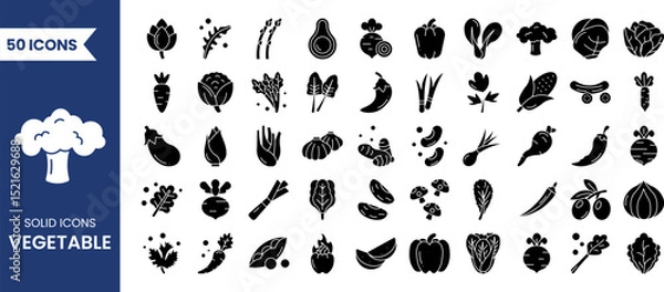Fototapeta Vegetable icon set in solid style. Containing mushroom, carrot, corn, eggplant, beetroot, potato, lettuce and more. Vector illustration