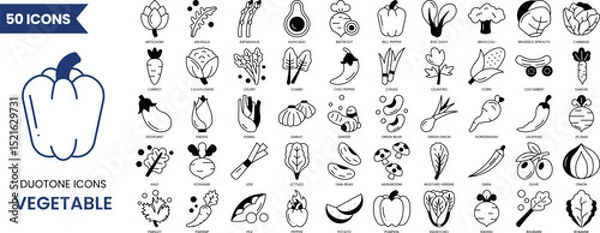 Fototapeta Vegetable icon set in duotone style. Containing mushroom, carrot, corn, eggplant, beetroot, potato, lettuce and more. Vector illustration
