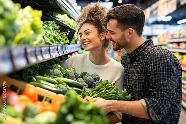 Obraz Young couple in supermarket choosing fresh vegetables, smiling and discussing upcoming dinner