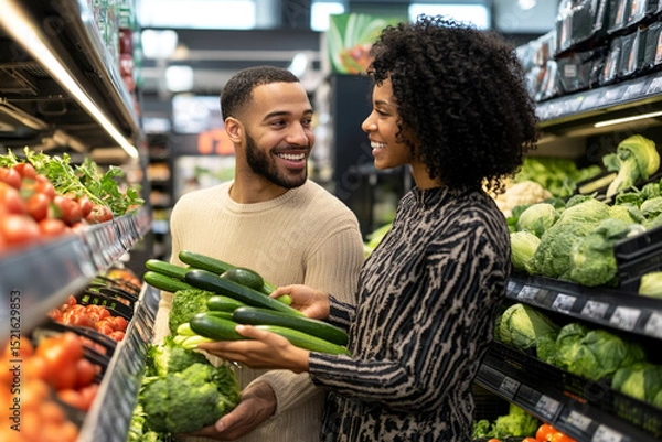 Obraz Young couple in supermarket choosing fresh vegetables, smiling and discussing upcoming dinner