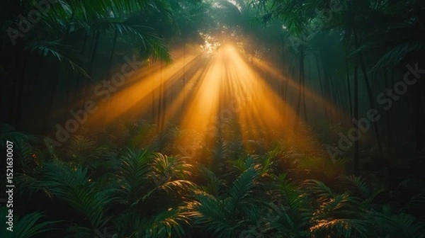 Fototapeta Sunlight streams through misty jungle