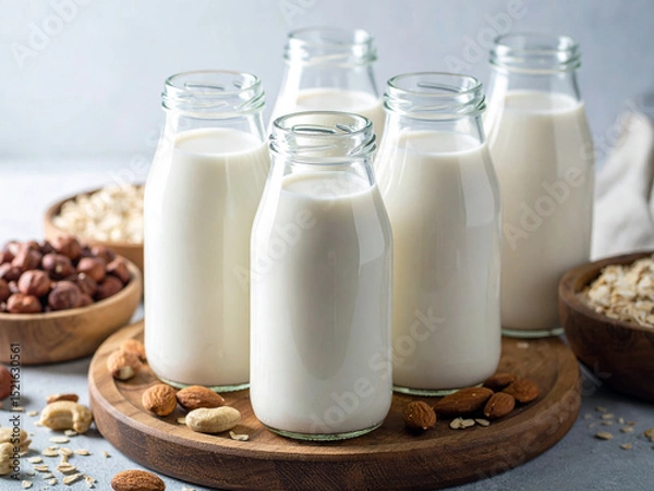 Obraz Five glass bottles of various plant-based milks on a wooden board, surrounded by bowls of almonds, hazelnuts, oats, and cashews, highlighting vegan and dairy-free milk alternatives.