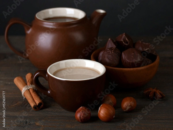 Obraz A wooden table with a jug and a cup of coffee along with a few hazelnuts, chocolate pralines, and cinnamon sticks evoking a sense of comfort and simplicity.