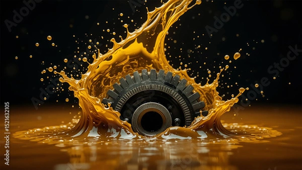 Fototapeta Splashing Gear Mechanism Submerged in Golden Lubricating Oil Splash