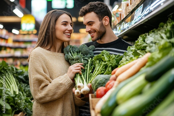 Obraz Young couple in supermarket choosing fresh vegetables, smiling and discussing upcoming dinner