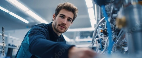 Fototapeta The male engineer interacting with advanced machinery in a modern industrial setting.