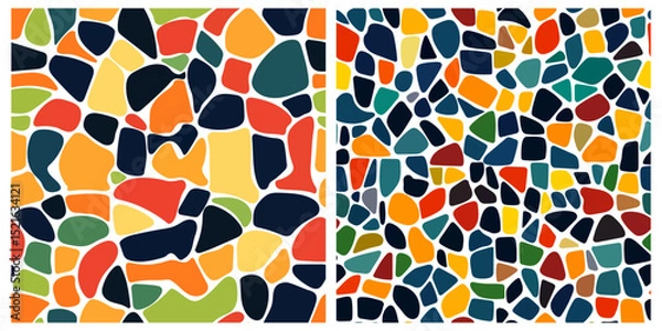 Obraz Abstract mosaic, a seamless design. A vector background. Perfect for creating a backdrop. Ceramic tile fragments. Colorful broken tiles, a mosaic of yellow, blue, and red.